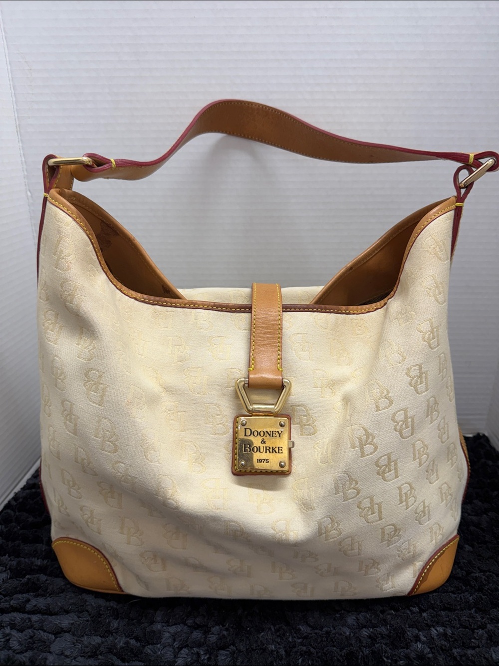 Dooney & Bourke Cream Logo Hobo with Tan Trim and Pink-Edged Strap